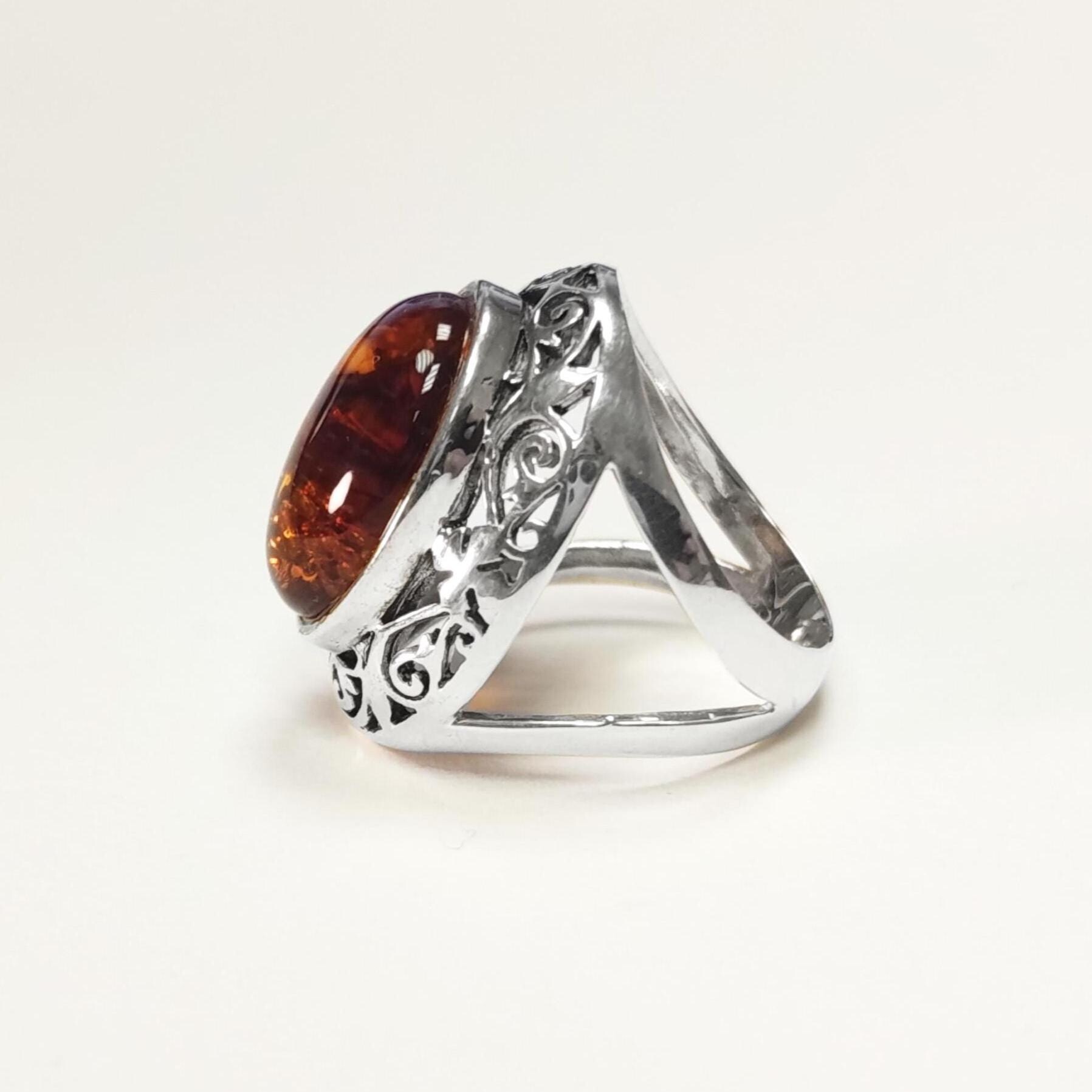 925 Sterling Silver Filigree Amber Ring, Vintage Oval Gemstone 
