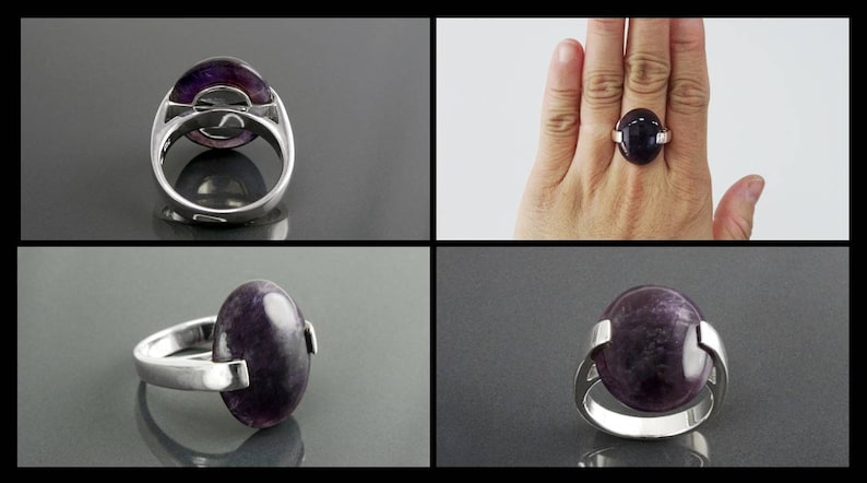 Bague Ancienne En Argent Massif 925 Avec Améthyste - Taille 56, Pierre Naturelle Sans Traitement, Style Cocktail - Occasion Très Bon état