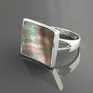 Square Ring, Sterling Silver, Curved Square Stone Ring, Genuine Grey Paua Shell jewelry, Modern Geometric Ring, Rainbow Color, Gray