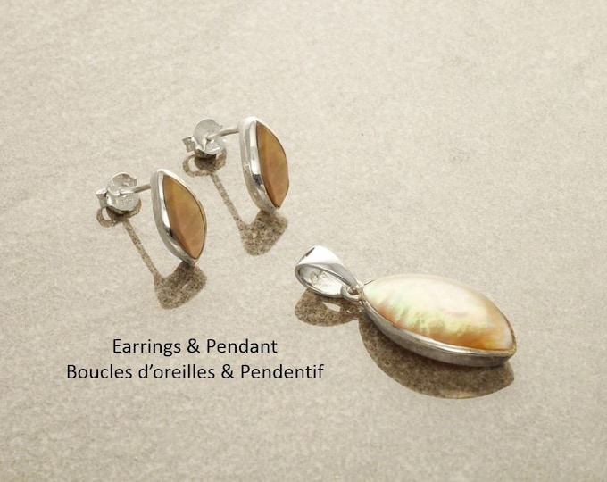 Gold Shell Earrings SET, Sterling Silver, GENUINE Brown Paua Shell, Pearl Rainbow Highlights Pendant , Geometric Minimalist Modern Jewelry