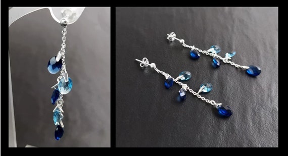 Boucles D'oreille Pendantes En Cristal Bleu & Plaqué Argent 925 - Livraison 48h France