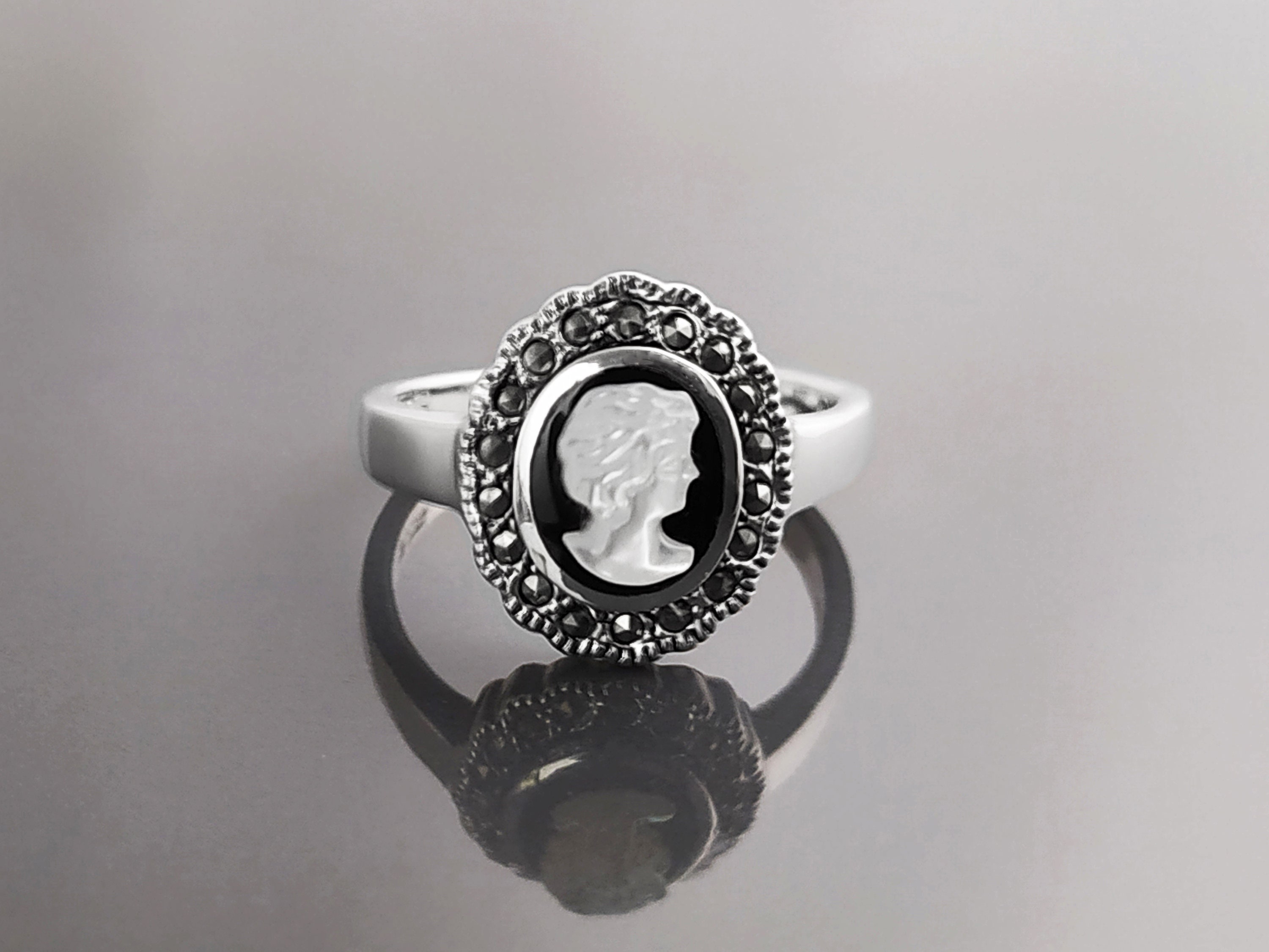 Cameo Ring Sterling Silver Genuine Black Onyx And Mop Cameo Natural Mother Of Pearl Marcasite Ring Vintage Victorian Jewelry