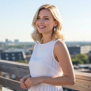 May include: A person with shoulder-length blonde hair wearing a sleeveless white dress and a pair of silver drop earrings featuring a teardrop-shaped stone. The person is positioned outdoors with a blurred urban skyline visible in the background.