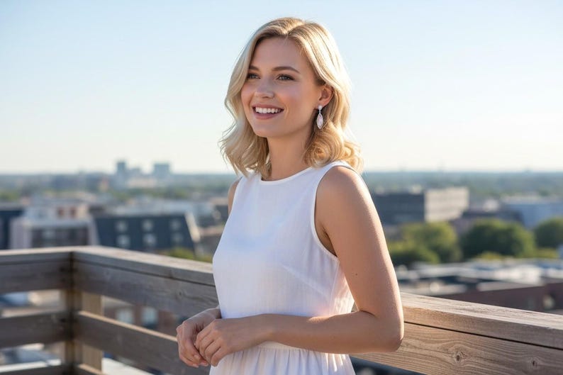May include: A person with shoulder-length blonde hair wearing a sleeveless white dress and a pair of silver drop earrings featuring a teardrop-shaped stone. The person is positioned outdoors with a blurred urban skyline visible in the background.