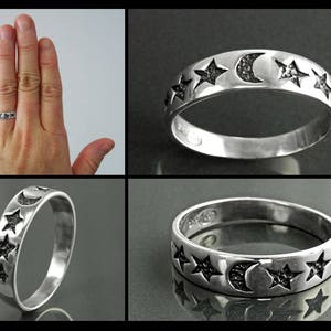 Moon Stars Band Ring, Sterling Silver, Crescent Moon, Twinkle Cluster of Stars, Starry Constellation Jewelry, Nebula Ring, Shooting Star image 4