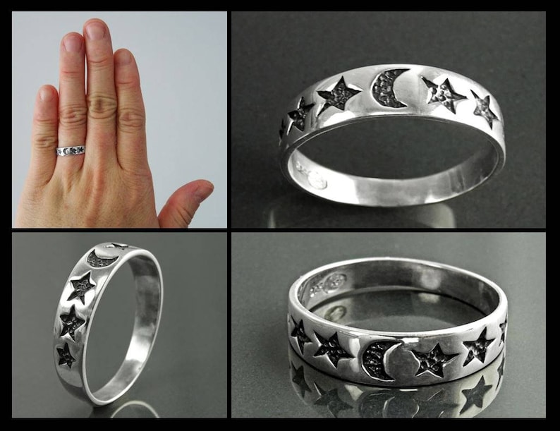 Moon Stars Band Ring, Sterling Silver, Crescent Moon, Twinkle Cluster of Stars, Starry Constellation Jewelry, Nebula Ring, Shooting Star image 4