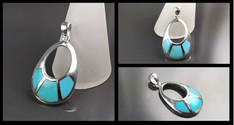 Turkoshängenörhängen, Sterlingsilver, Oval mandelformad blå sten, Geometriska droppstensörhängen, Moderna smycken, Dingla örhängen bild 8