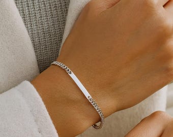 Bracelet identité gourmette • Argent 925 • 1 grand + 1 petit maillon Bracelet avec plaque nom prénom gravable • Cadeau unisexe personnalisé