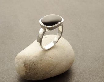 Small Square Ring, 925 Sterling Silver, Genuine Onyx Stone, Modern