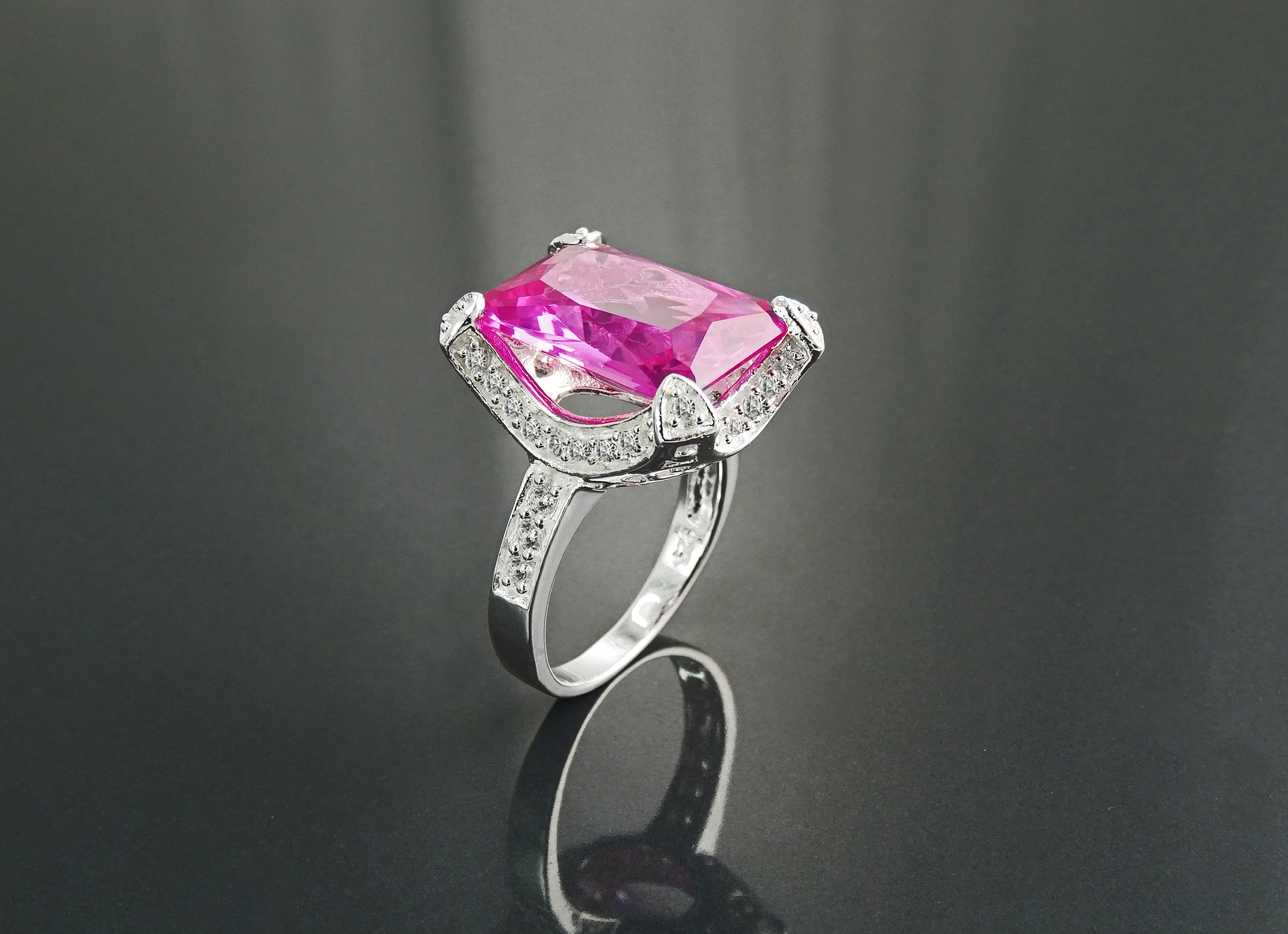 Pink Stone Ring, Sterling Silver, Fuchsia Rose Color, Rectangle Stone ...