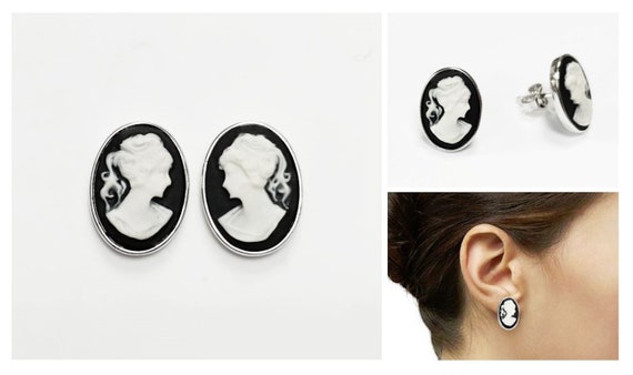 Boucles D'oreilles Clips Camée Noir Et Blanc – Vintage, Résine, Argenté, Occasion