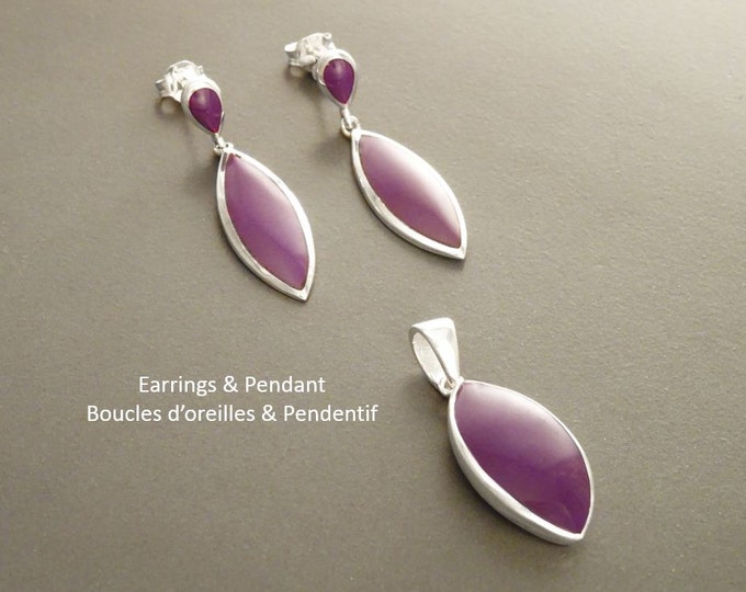 Purple Earrings Set,  Sterling Silver, Oval Earrings and Pendant, Almond Shape, Bright Violet Earrings, Dainty Jewelry, Purple Jewelry.