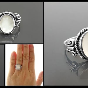 Bague Nacre Hipster, Argent 925, Nacre perlière Véritable, Bijou Unisexe Vintage, Pierre Blanche Ovale, Bague Baroque, Bords Travaillés image 5