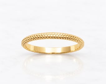 Hammered Bead Ring • 18K Gold plated • Stackable Polished Textured Band