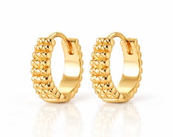 Rock Crosshatch Hoops • 18K Gold plated • Textured Spikes Quilted Huggie Hoop Earrings • Contemporary Huggies