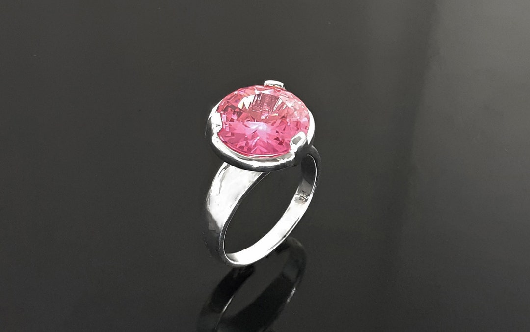 Pink Stone Ring, Sterling Silver, Original Modern Solitaire