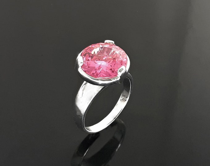 Pink stone ring, sterling silver, original modern solitaire ring, Rose Pink Stone (Cz), stackable with wedding and other rings