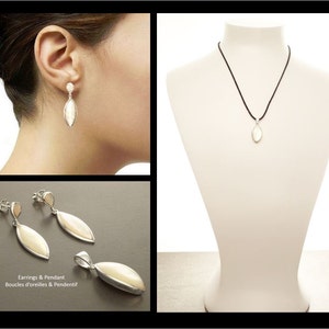 White Shell Dangle Earrings, Sterling Silver, Mother of Pearl, Pending Earrings Pendant Set, Modern Oval Stone Jewelry, image 2