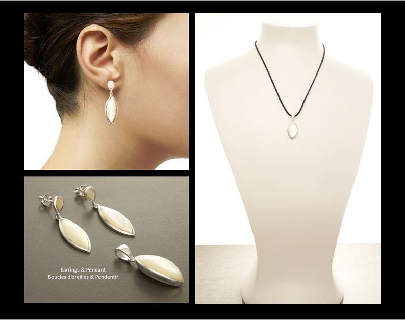 925 White Shell Dangle Earrings Sterling Silver, Mother of Pearl Dangle Earrings Pendant Set, Oval Stone Jewelry, KRAMIKE Earrings MOP. image 6