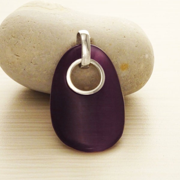 Pendentif pierre violette, bijou moderne argent 925,  avec pierre ovale oeil de chat couleur améthyste mauve forme, cadeau femme