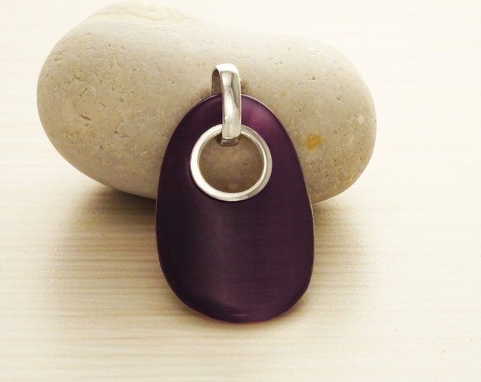 Purple donut pendant, sterling silver modern oval jewelry, with violet oval-shaped amethyst color cat's eye stone necklace, woman gift