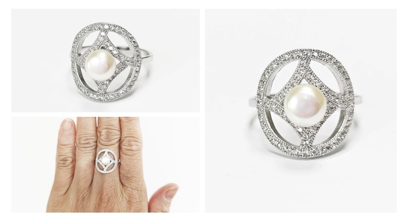 Halo Pearl Ring, Sterling Silver, Round Pearl Jewelry, Genuine White ...