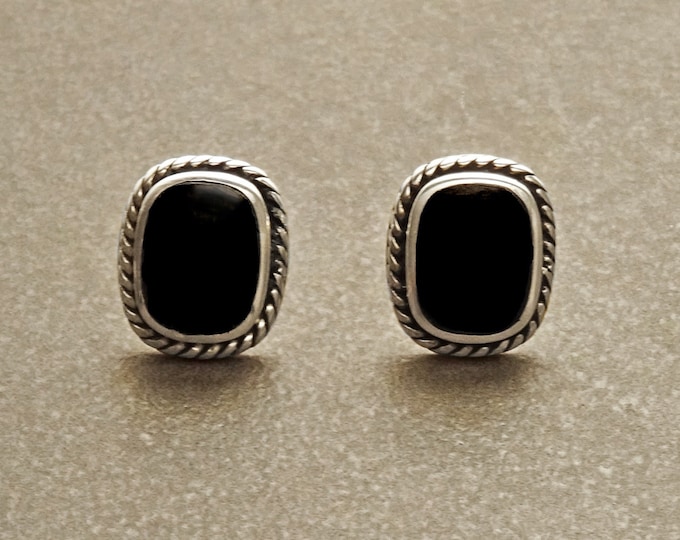 Onyx Stud Earrings - Sterling Silver Earrings - Onyx Jewelry - Oxidized Earrings - Square shape Earrings -  Vintage Earrings