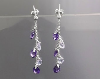 Boucles cristal violet, argent 925, boucles d'oreilles forme de grappes pierres cz, couleur mauve, bijoux modernes grappe gouttes de pierre