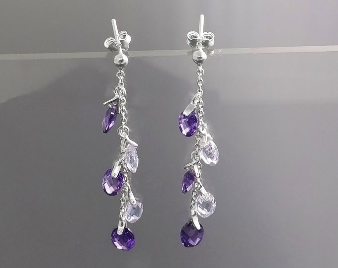 Purple earrings, sterling silver, teardrop purple crystal, berry grape stones bunch earrings, dark violet stone color, modern chain jewelry