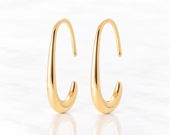 Open Hoop Earrings to slip on • 18K Gold plated • Teardrop J-Shaped Hook Hoops