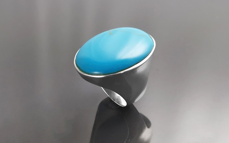 Turquoise Ring, Sterling Silver, Blue Turquoise Stone, Original Oval Form Jewelry, Unique Statement Modern Ring image 4