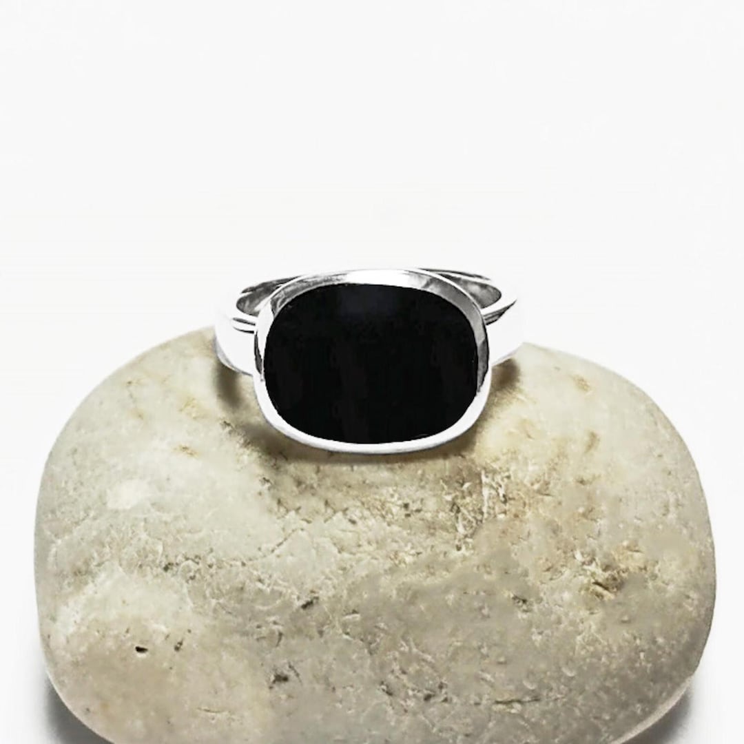 Small Square Ring, 925 Sterling Silver, Genuine Onyx Stone, Modern