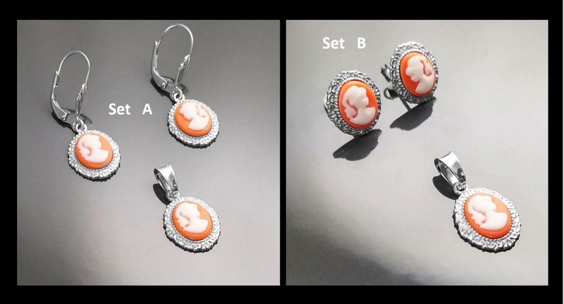 May include: Two sets of jewelry featuring cameo pendants and earrings. Set A includes a pendant and dangle earrings. Set B includes a pendant and stud earrings. All pieces feature a white cameo profile on a peach background.