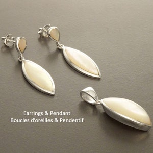 White Shell Dangle Earrings, Sterling Silver, Mother of Pearl, Pending Earrings Pendant Set, Modern Oval Stone Jewelry, image 1