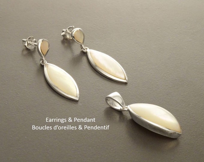 White Shell Dangle Earrings, Sterling Silver, Mother of Pearl, Pending Earrings Pendant Set, Modern Oval Stone Jewelry,