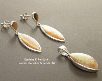 Brown Oval Earrings, Sterling Silver, GENUINE Gold Paua Shell, Geometric Oval Stone Jewelry, Modern Dangle Earrings Set