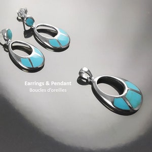 Turkoshängenörhängen, Sterlingsilver, Oval mandelformad blå sten, Geometriska droppstensörhängen, Moderna smycken, Dingla örhängen bild 6