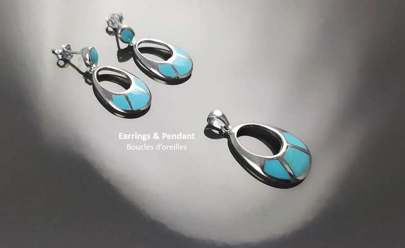 Turkoshängenörhängen, Sterlingsilver, Oval mandelformad blå sten, Geometriska droppstensörhängen, Moderna smycken, Dingla örhängen bild 6