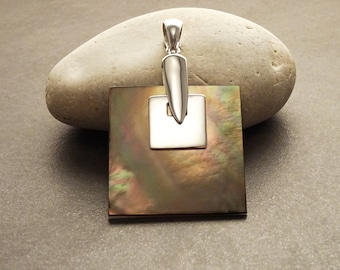 Gray Square Pendant, Sterling Silver, GENUINE Grey Paua - Mother of Pearl Shell Necklace, Ocean Modern Geometric Minimalist Design Jewelry