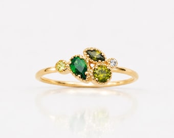 Green Multistone Ring • Gold plated 18K • Mixed-Cut Cz Stones Asymmetrical Design Band • Modern Jewelry