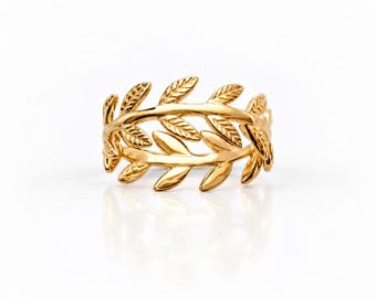 Olive Wreath Ring • 18K Gold plated • Sculpted Leafy Branch Eternity Band • Nature-Inspired Jewelry