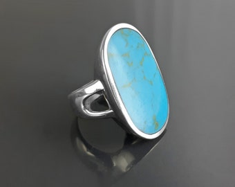 Blue Turquoise Ring, Sterling Silver, Turquoise Flat Stone, Original Rectangle Oval Form Ring, Modern Designer Setting Shape Jewelry