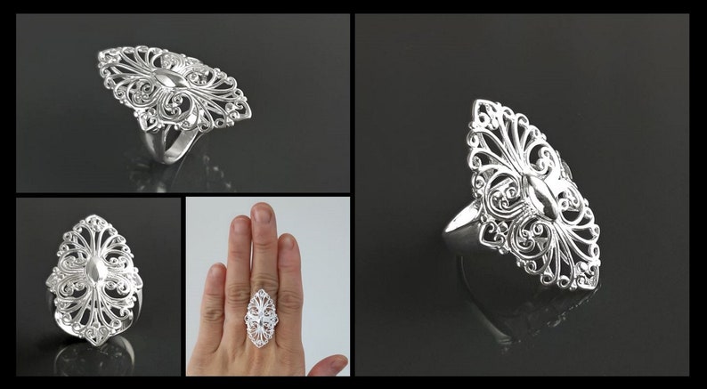 Armor Ring, Sterling Silver, Filigree Marquise Lace Ring with French Versailles Castle inspired Design, Vintage jewelry image 6