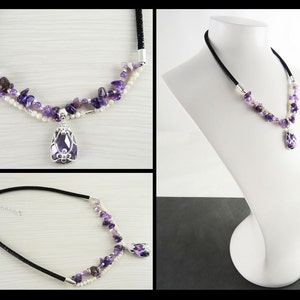 Collier Améthyste , Cuir, Galuchat, Torque, Perles, Nacre, Fleur, Zirconia, Bohème, Pendentif Améthyste, Violet, Collier Argent image 10