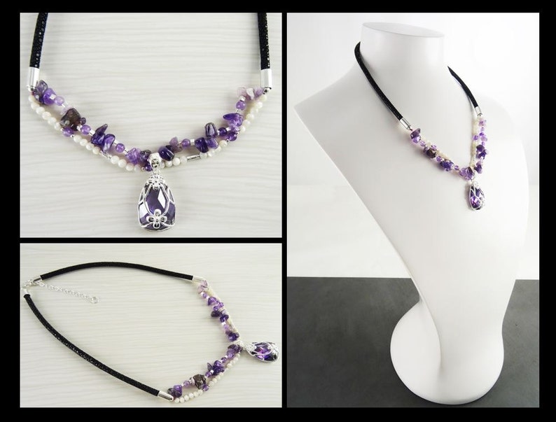 Collier Améthyste , Cuir, Galuchat, Torque, Perles, Nacre, Fleur, Zirconia, Bohème, Pendentif Améthyste, Violet, Collier Argent image 10