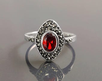 Garnet Marcassite Ring, Sterling Silver, Marquise Ring, Garnet Red Color Stone (Cz), Retro Stone Rings, Antique Jewelry, Women's Gifts