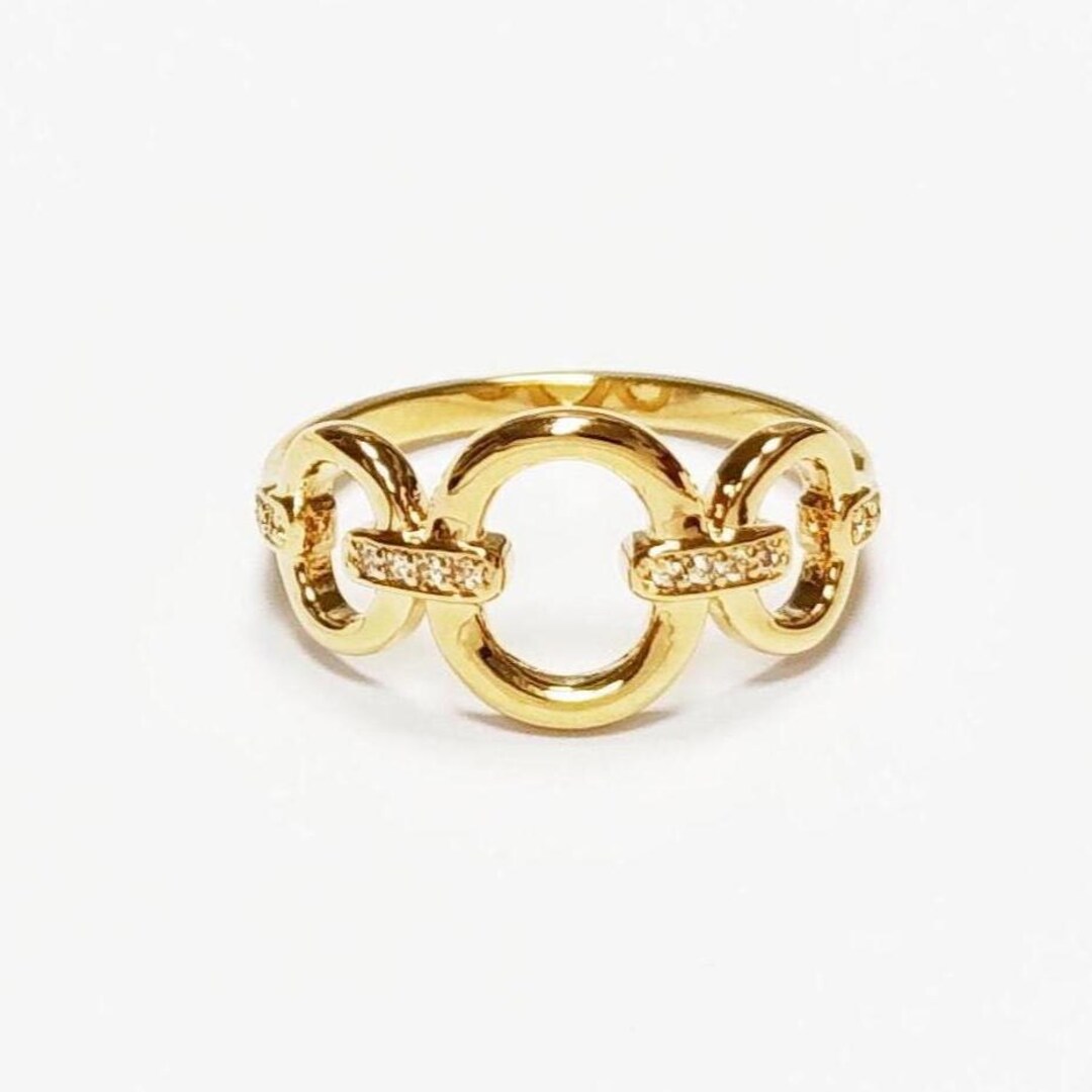 Round Chain Ring Gold Circle Chain Link Ring • 18K Gold Plated Cz Paved Stones ...