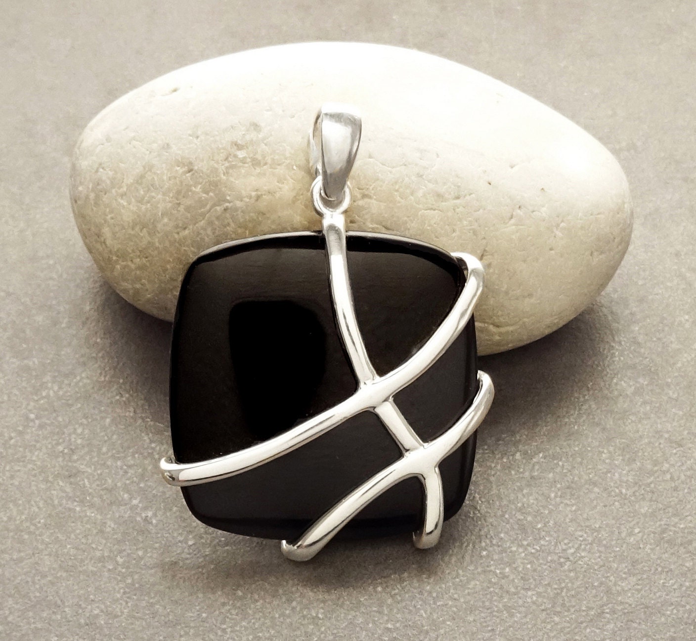 Onyx Square Pendant, Sterling Silver, Black Onyx Gemstone Onyx Square Pendant, Sterling Silver, Black Onyx Gemstone