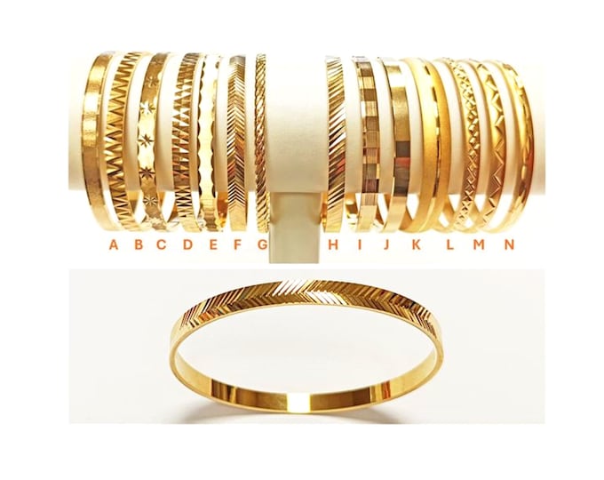 18K Gold Plated Bangle Bracelet • Stackable Closed Round Rigid Cuff Bracelet • 14 Different Models Geometric Textured Stacking Bangles