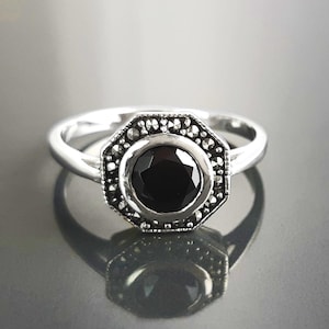 Octagonal Sterling Silver Marcasite Ring, Vintage Black CZ Stone Jewelry